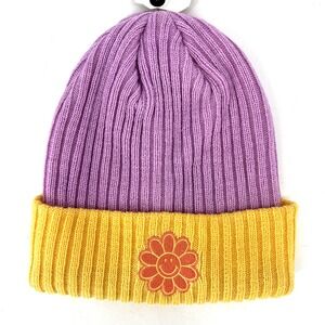BILLABONG X Smiley Juniors' Smiley Colorblocked Ribbed Beanie Lilac & Orange NWT
